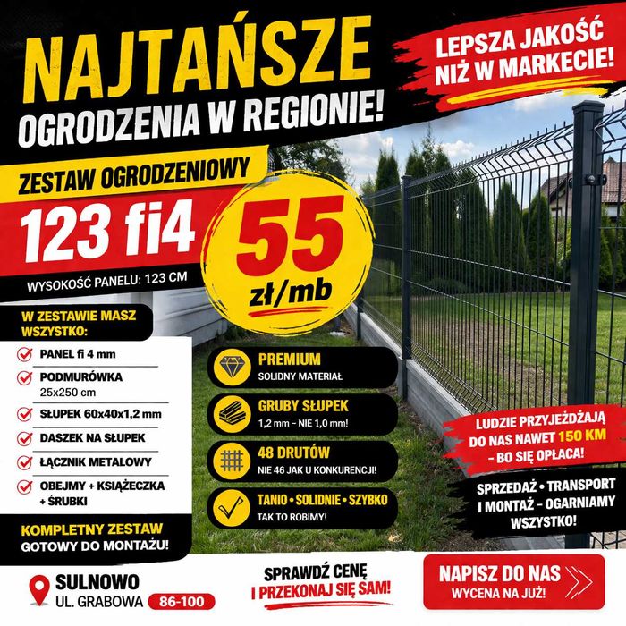 Ogrodzenie panelowe z podmurówką 100mb - KOMPLETNE!!!