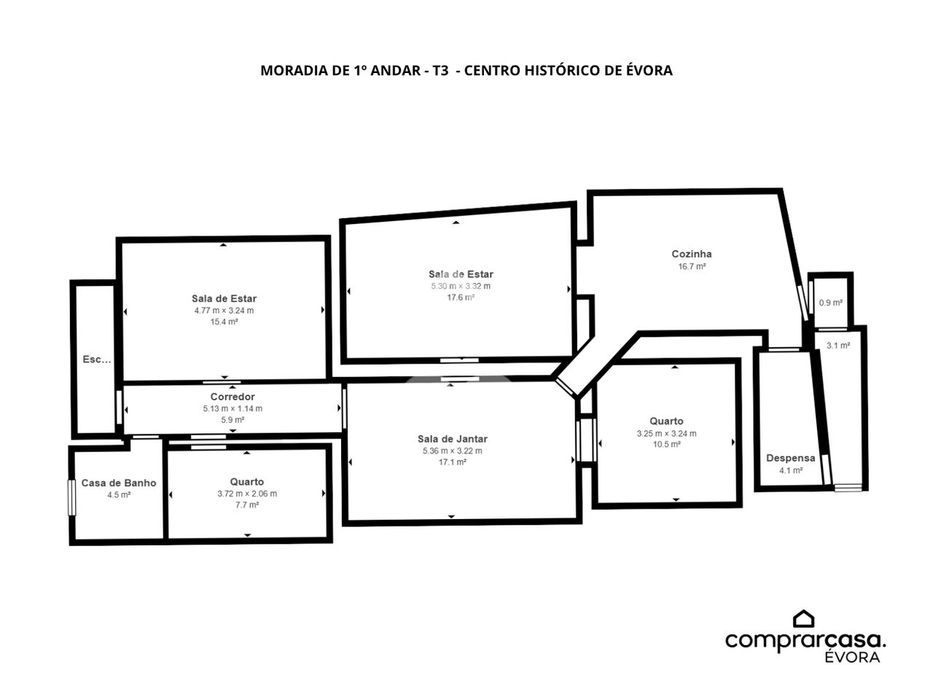 Moradia T3 Bifamiliar de 1º andar com Terraço no Centro Histórico de É