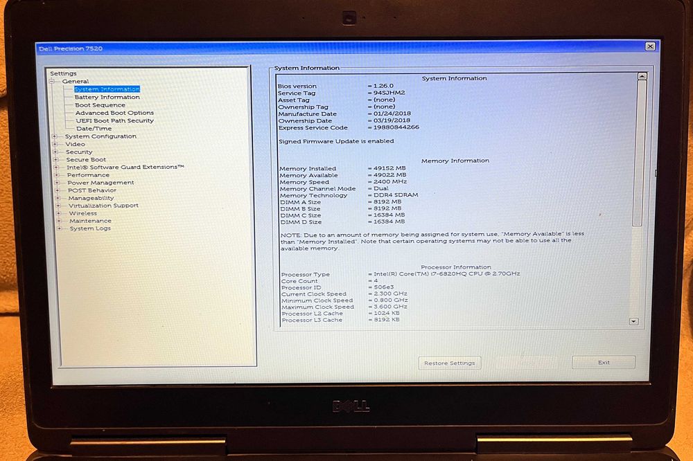 Laptop DELL Precision 7520. I7-6820 / Quadro M220 / 48 GB RAM / Win7