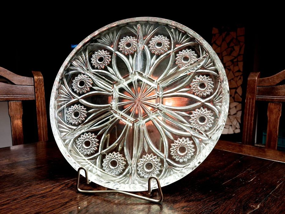 Patera piękna kryształowa dzielona, Huta Szkła Irena PRL antyk vintage