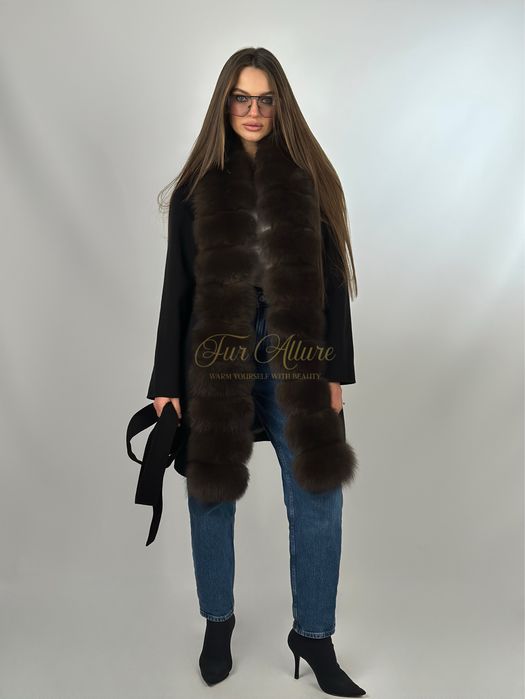 Жіноче чорне кашемірове пальто Мрія з хутром песця 90см,   42-56 рр