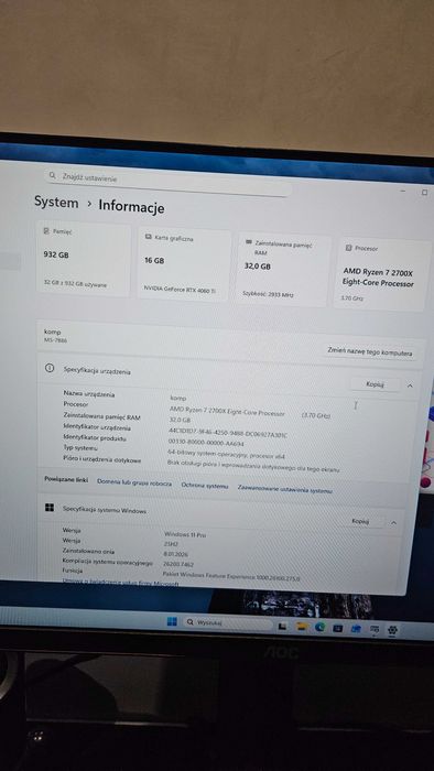 Komputer RTX 4060 TI 16GB/ RYZEN 7/ 16GB RAM/ SSD 1 TB