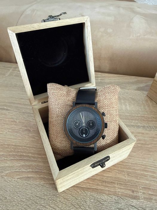 NOWY Zegarek Męski Drewniany NIWATCH CHRONO Heban Stoper Skóra