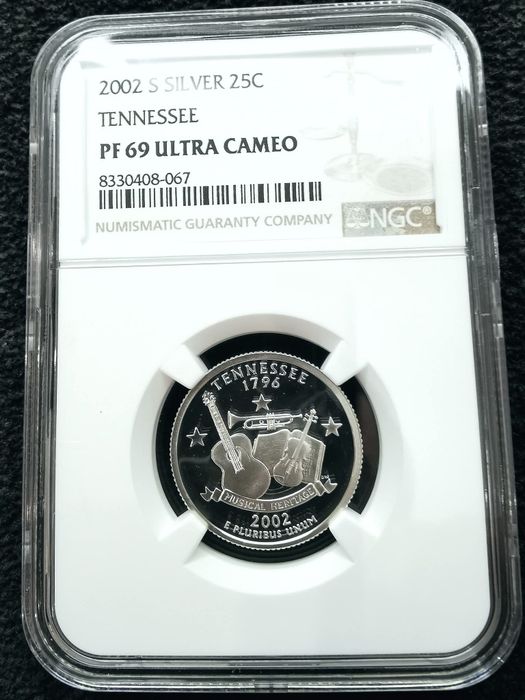 США 25 центів 2002р. Квотери 50 штатів " ТЕННЕСІ". СЛАБ NGS PF69.