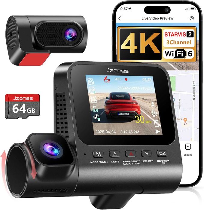 Jzones Wideorejestrator Kamera samochodowa 4K+2x1080p Starvis 2 HDR WiFi