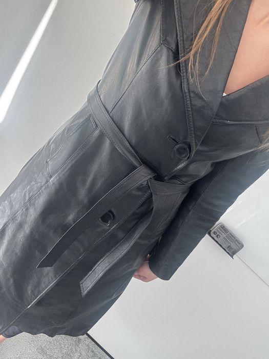 Vintage damski skórzany trencz z paskiem wiązany prochowiec płaszcz z prawdziwej skóry real leather
