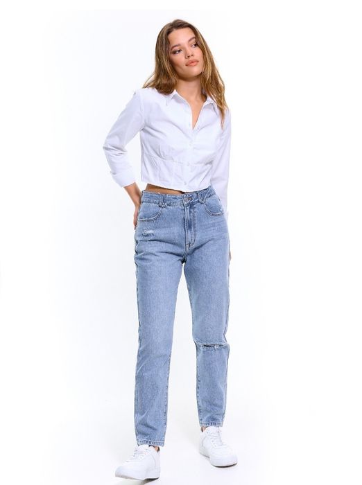 Jeansy mom fit jasnoniebieskie z przetarciami nowe