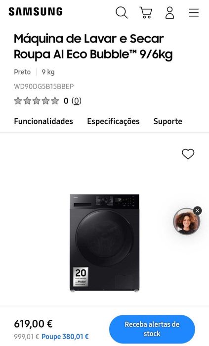 Máquina de lavar e secar Roupa AI Eco Bubble 9/6kg Samsung