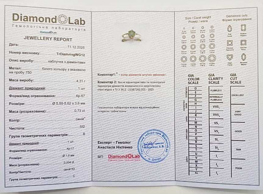 Эксклюзивное Золотое кольцо с синим бриллиантом 0,75 карат Элит, 750°