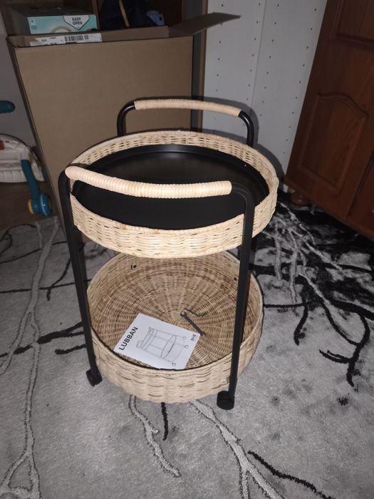 IKEA LUBBAN Stolik na kółkach rattan antracyt