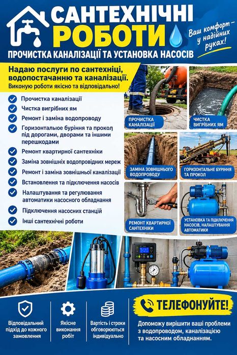 Сантехнічні роботи, заміна водопроводу, прочищення каналізації, насоси