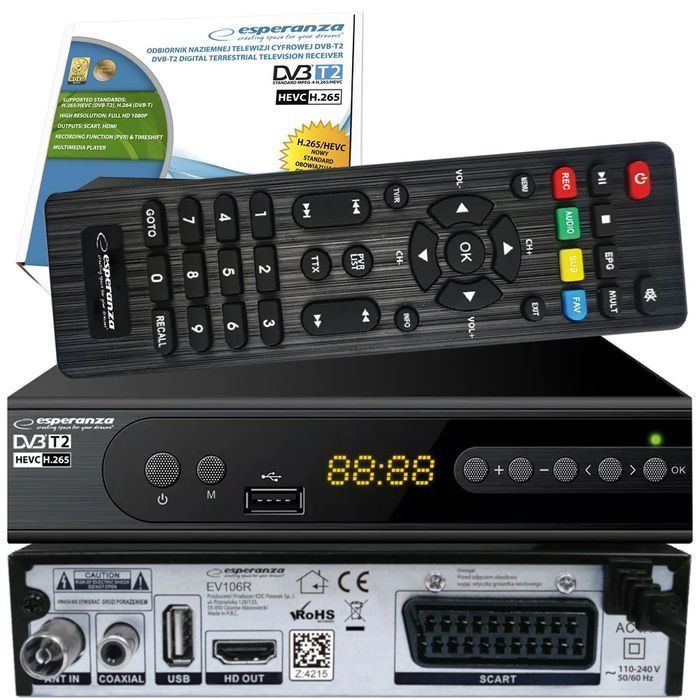 Tuner cyfrowy telewizji naziemnej DVB-T2 H.265/HEVC Esperanza EV106R