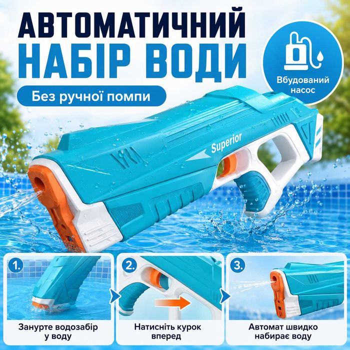 Електричний водяний автомат пістолет Superior, водяний бластер,  автоматичний набір води, USB зарядка, 8–10 м