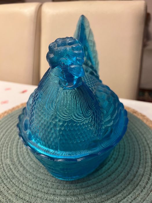 Duża Kura szklana turkusowa niebieska HSG Ząbkowice, PRL, new look