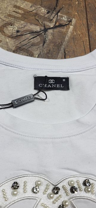 Biała koszulka damska bawełna premium zdobiona perły kamienie M