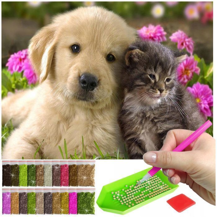 Haft diamentowy 5D 40x30cm mozaika pies kot koraliki obraz kotek