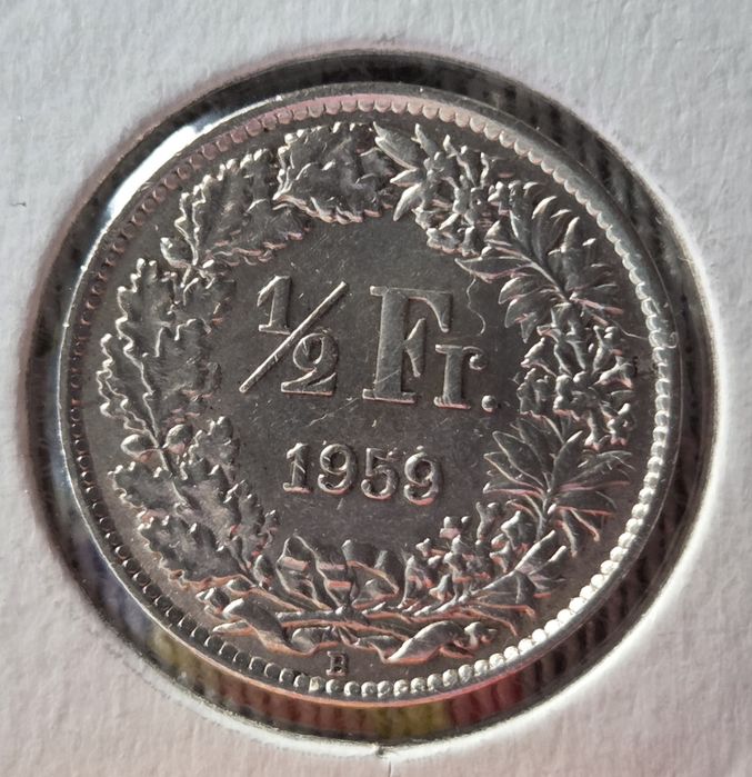 Moeda de 1/2 Franc  de 1959 "B" (Suiça)de Prata