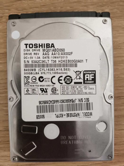 Toshiba 500GB 2.5” SATA MQ01ABD050 – sprawny, SMART OK