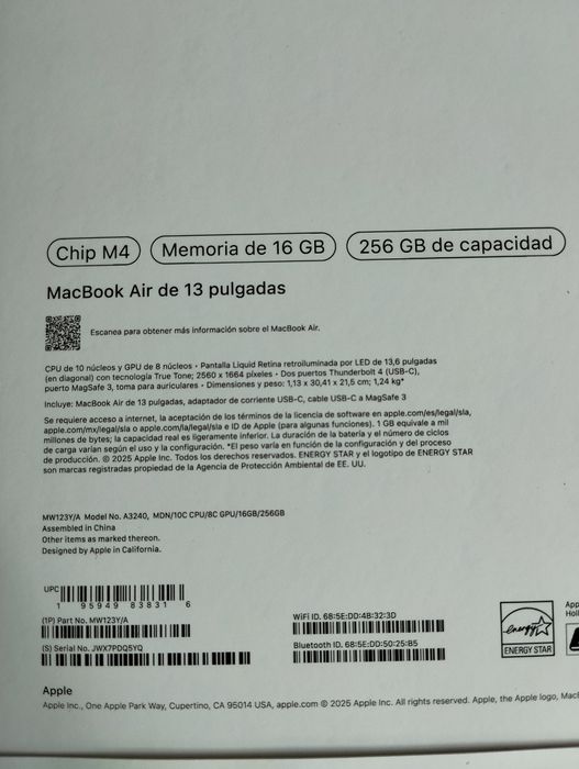 Portátil Apple MacBook Air 2025 13-inch M4 16GB RAM 256GB SSD Novo