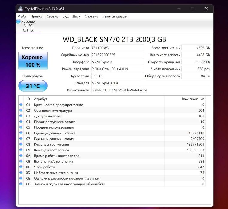 SSD m2 nvme WD BLACK SN770 2Tb стан 100%