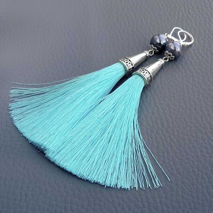 Wyprzedaż kolczyki błękitne z ceramiką frędzle