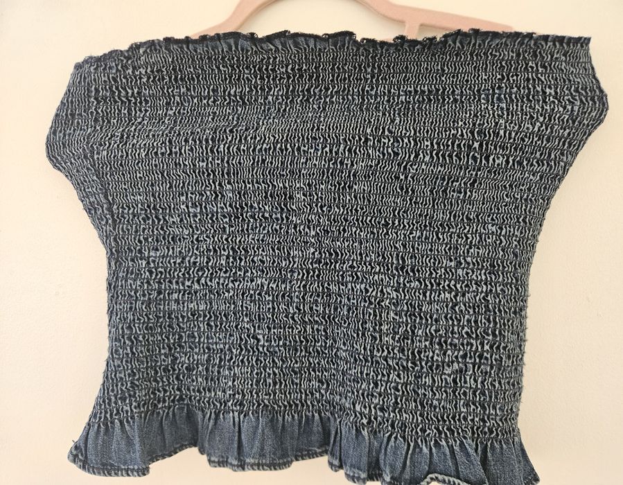 Niebieski jeansowy marszczony top Zara