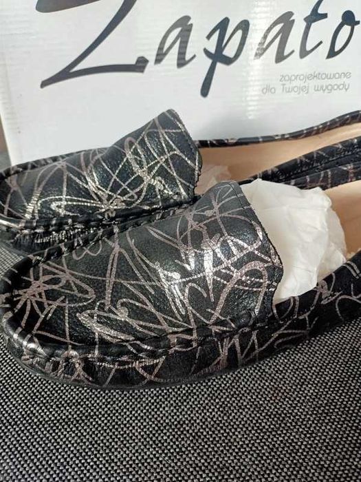 Czarno-srebrne mokasyny buty skórzane zapato rozmiar 41