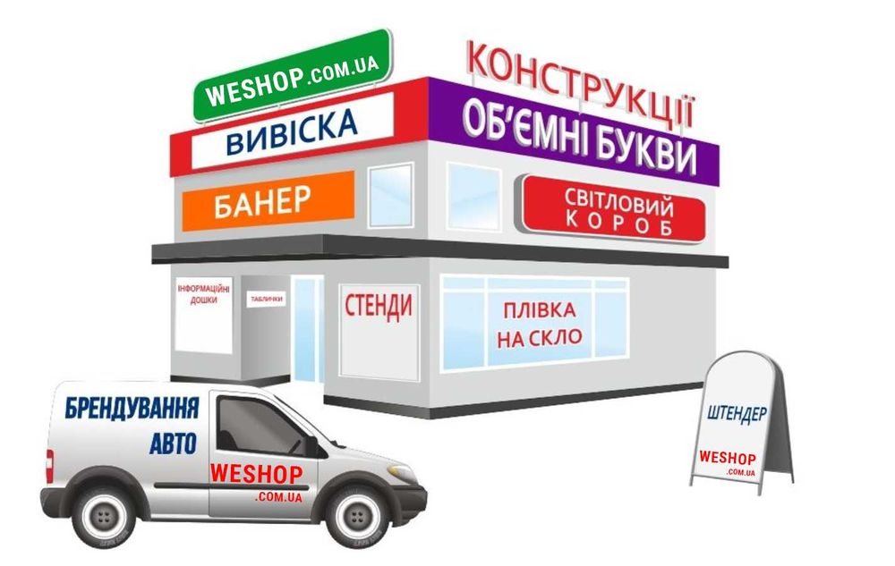 Вивіска і табличка рекламна. Несвітлова/ світлова. Виготовлення монтаж