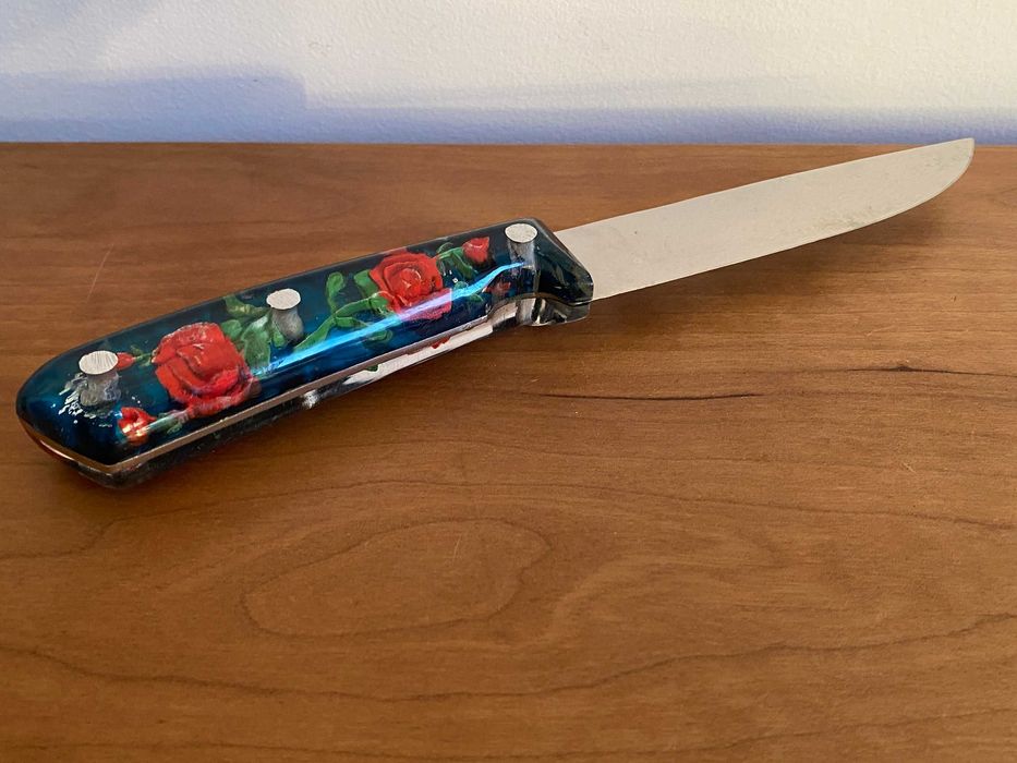 Stary Nóż Kuchenny PRL Zatopiona Róża Ręcznie Robiony