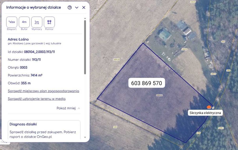 Działka 7414 m² przy lesie, prąd / licznik – Łośno, gm. Kłodawa.