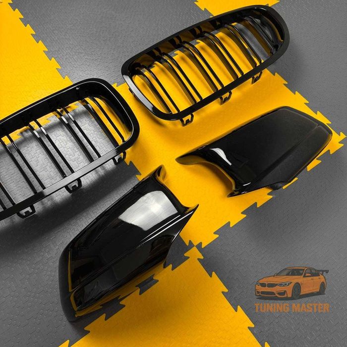 Набор решетка радиатора, накладки на зеркала BMW F10, F11 черный гляне