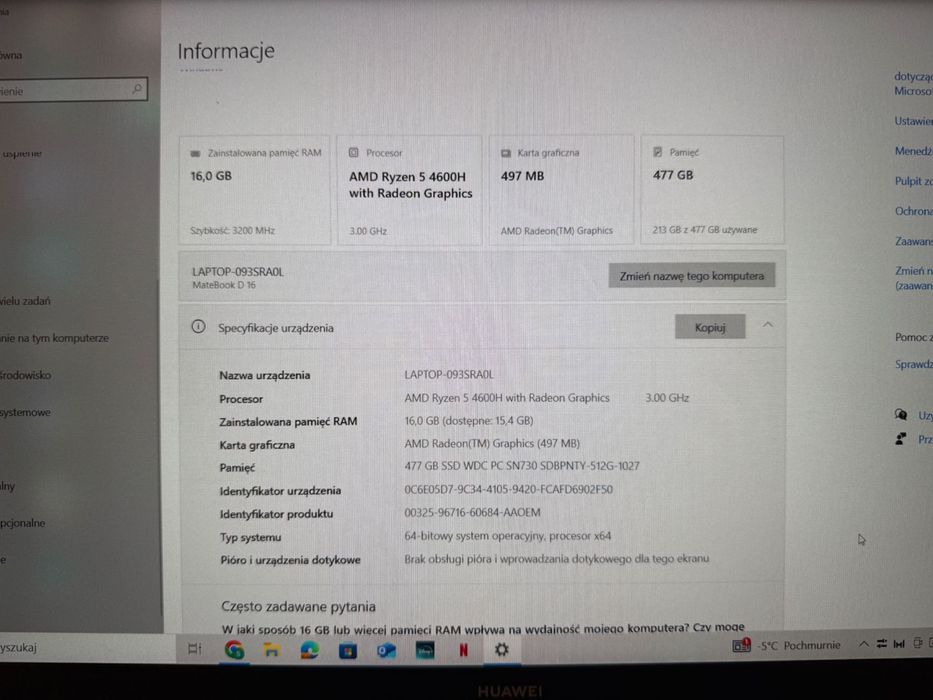 Używany laptop Huawei MateBook D 16 R5-4600H/16GB/512/Win10