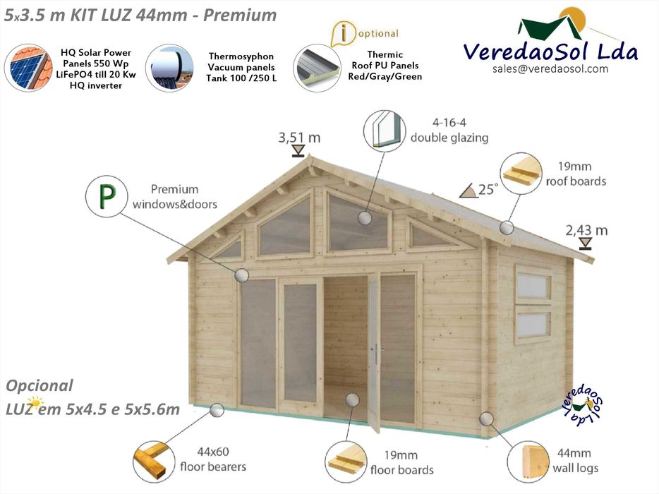 Casa Madeira LUZ-Oden 44mm 15.1m² Cobertura 19m² - Premium 3 Modelos