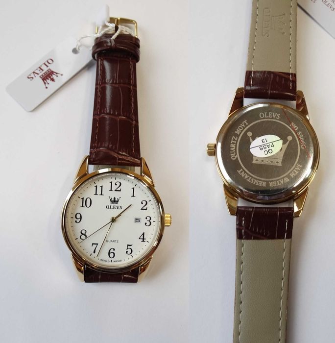 Klasyczny zegarek kwarcowy Olevs 39mm złoty biała tarcza pasek brązowy