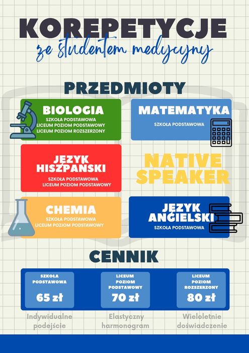 Korepetycje - biologia, chemia, matematyka, język angielski oraz hiszpański - ze studentem medycyny