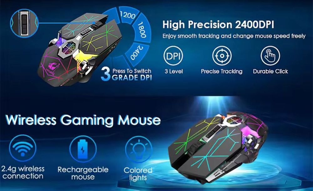 Мышь лазерная, беспроводная с аккумулятором, бесшумная, с подсветкой.