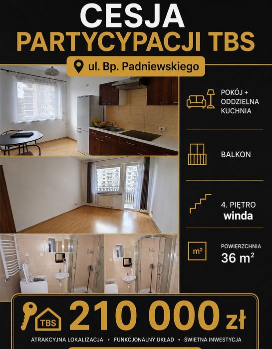 Padniewskiego, mieszkanie TBS, pow. 35m², 4 piętro, winda, pokój i oddzielna jasna kuchnia, balkon , parking
