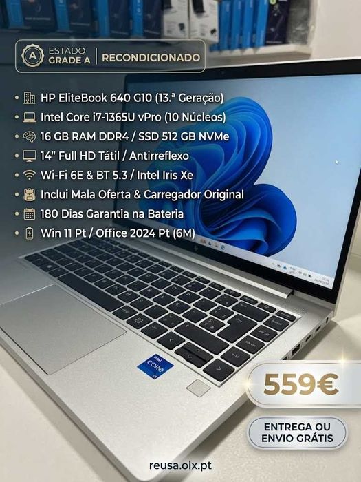 HP EliteBook 640 G10 | 13.ª Gen | 14" FHD Touch | i7-1365U | 16GB DDR4 | NVMe 512GB | Mala | W11