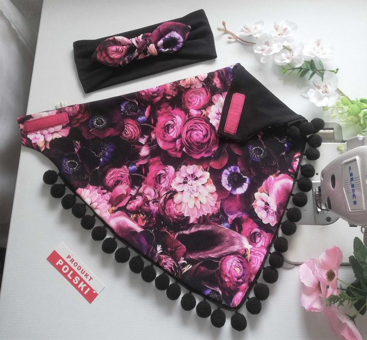 Komplet - hand made - szeroka opaska z kokardką + chusta z pomponami