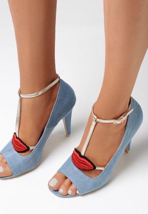 Jeansowe szpilki buty sandały na obcasie open toe odkryty palec 36