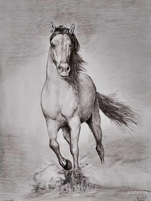 Rysunek artystyczny ołówkiem A4. Koń w galopie