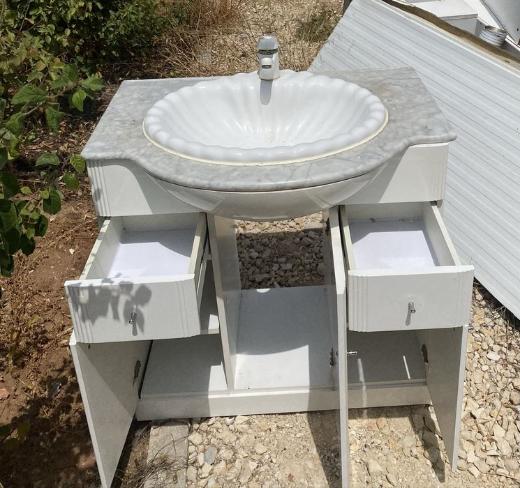 Móvel de Casa de Banho com Tampo em Mármore Natural e Lavatório – 80 cm