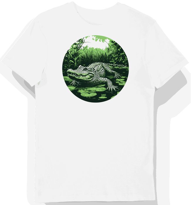 Koszulka męska biała z motywem krokodyla na tle zielonego pola XXL