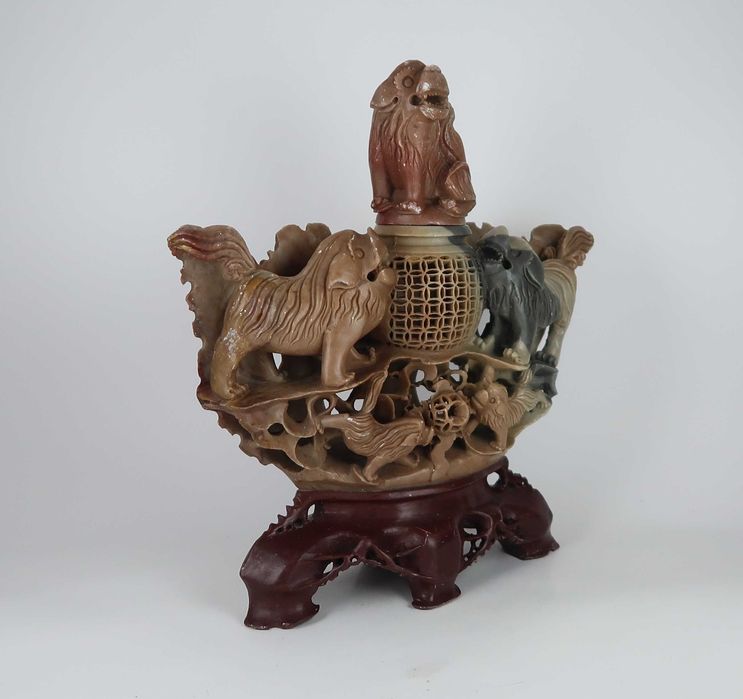 Incensário cães foo - Grande escultura em pedra sabão - China