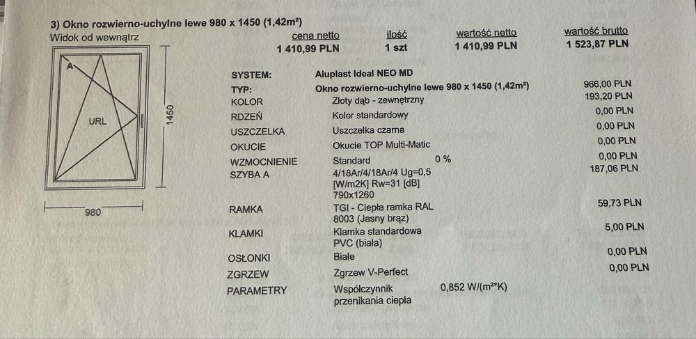 Sprzedam OKNO 980x1620 NOWE !