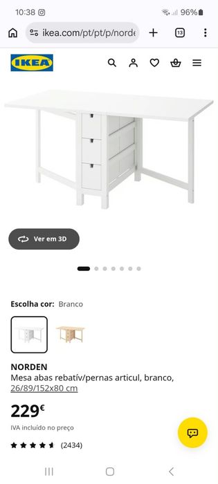 Mesa branca com abas rebatíveis