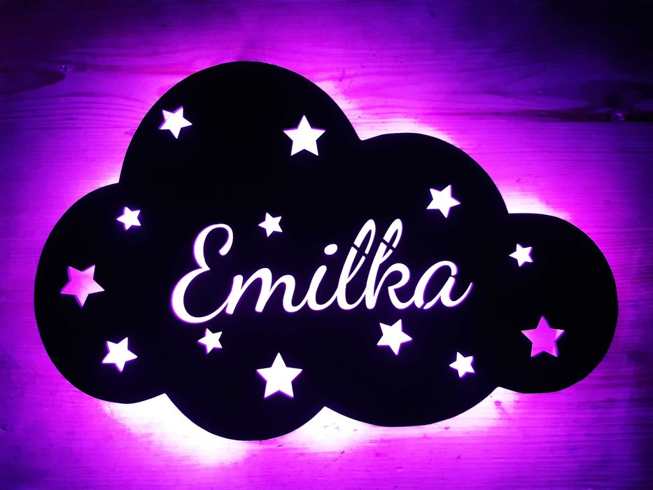 Lampka nocna LED, drewniana, bateria, chmurka, imienna