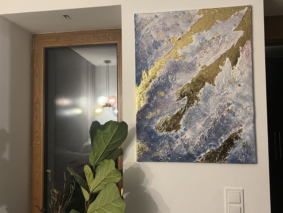 Obraz ręcznie malowany 50x70 granat złoto strukturalny