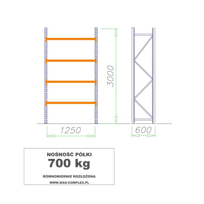 Regały magazynowe metalowe MRC-3, H=3000mm 4 półki – 700 kg