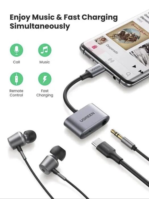 Адаптер перехідник UGREEN 2 in 1 USB C to USB C + 3,5 adapter DAC chip
